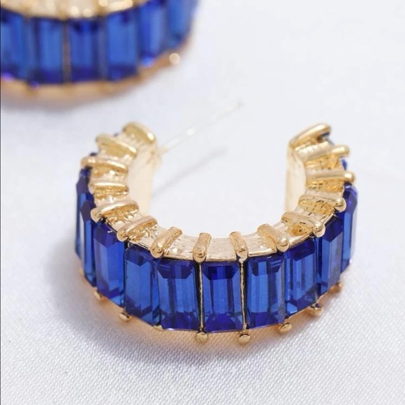Blue Cubic Zirconia 14k Gold Hoops - Picture 3 of 4